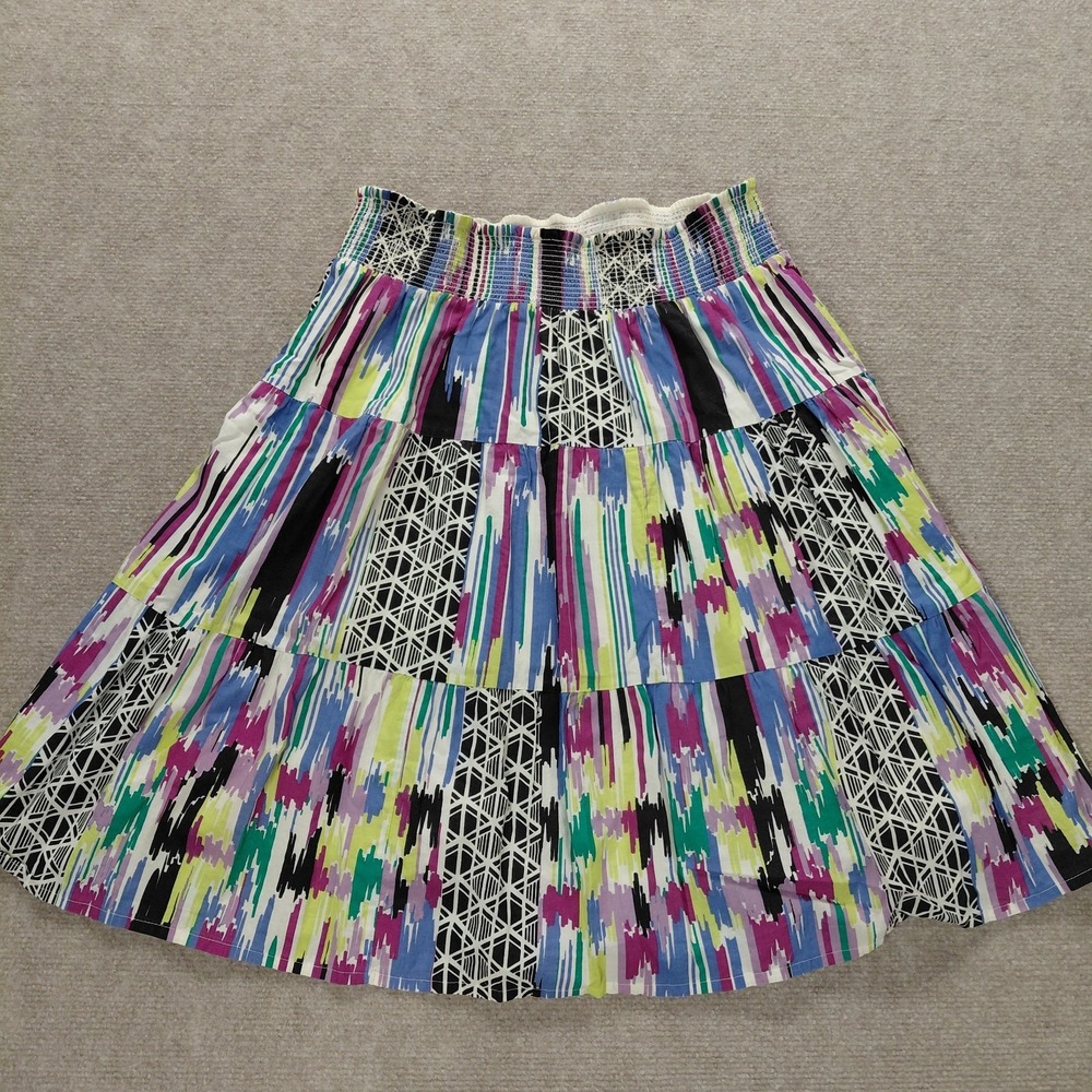 Womens MEDIUM Purple Black Green Art Abstract A-Line Midi Skirt Stretch Pull On‎